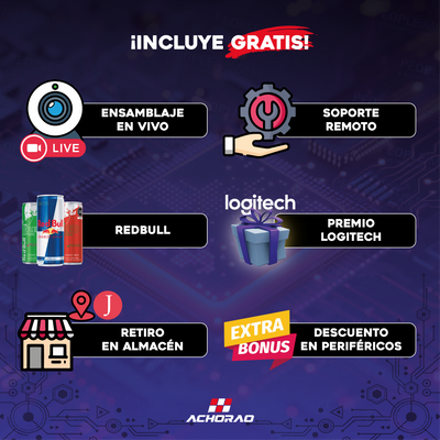 se muestran los puntos fuertes de achorao como tienda virtual, donde se ofrece ensamblaje en vivo a travez de live, soporte remoto, redbull de regalo, premio logitech, retiro en almacén y descuentos en perifericos