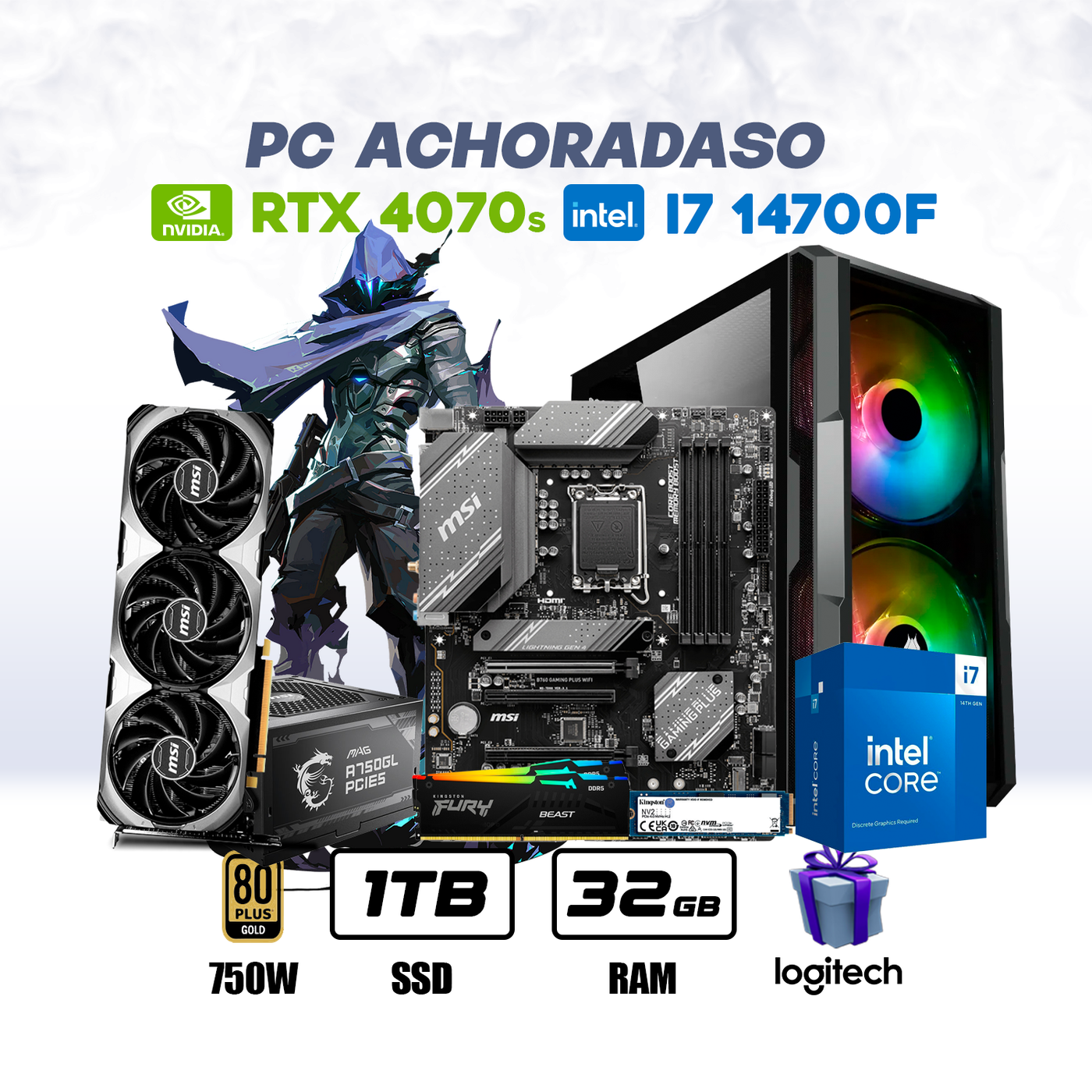 CPU Gamer Achoradazo Core i7 14700F | RTX 4070 S 12GB | 1TB SSD | 32GB DDR5 | ENF. LIQ. #G7133 - Achorao