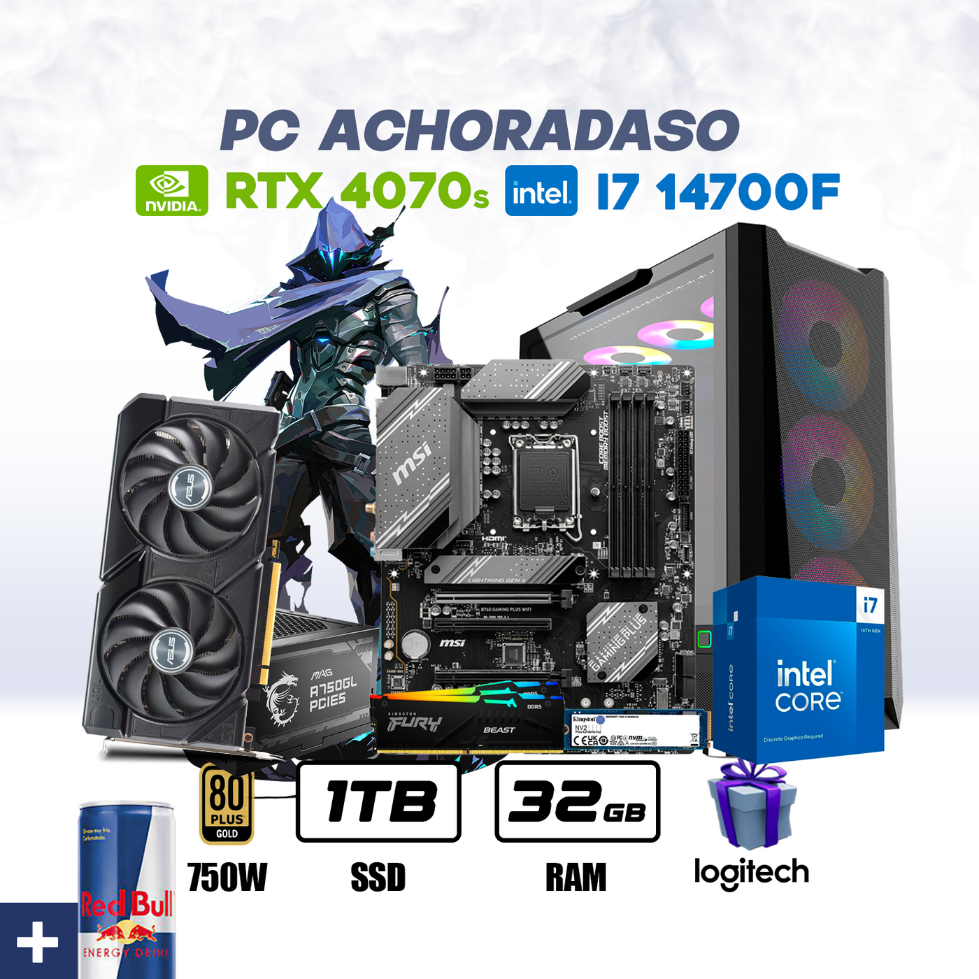 CPU Gamer Achoradazo Core i7 14700F | RTX 4070 S 12GB | 1TB SSD | 32GB DDR5 | ENF. LIQ. #G7133