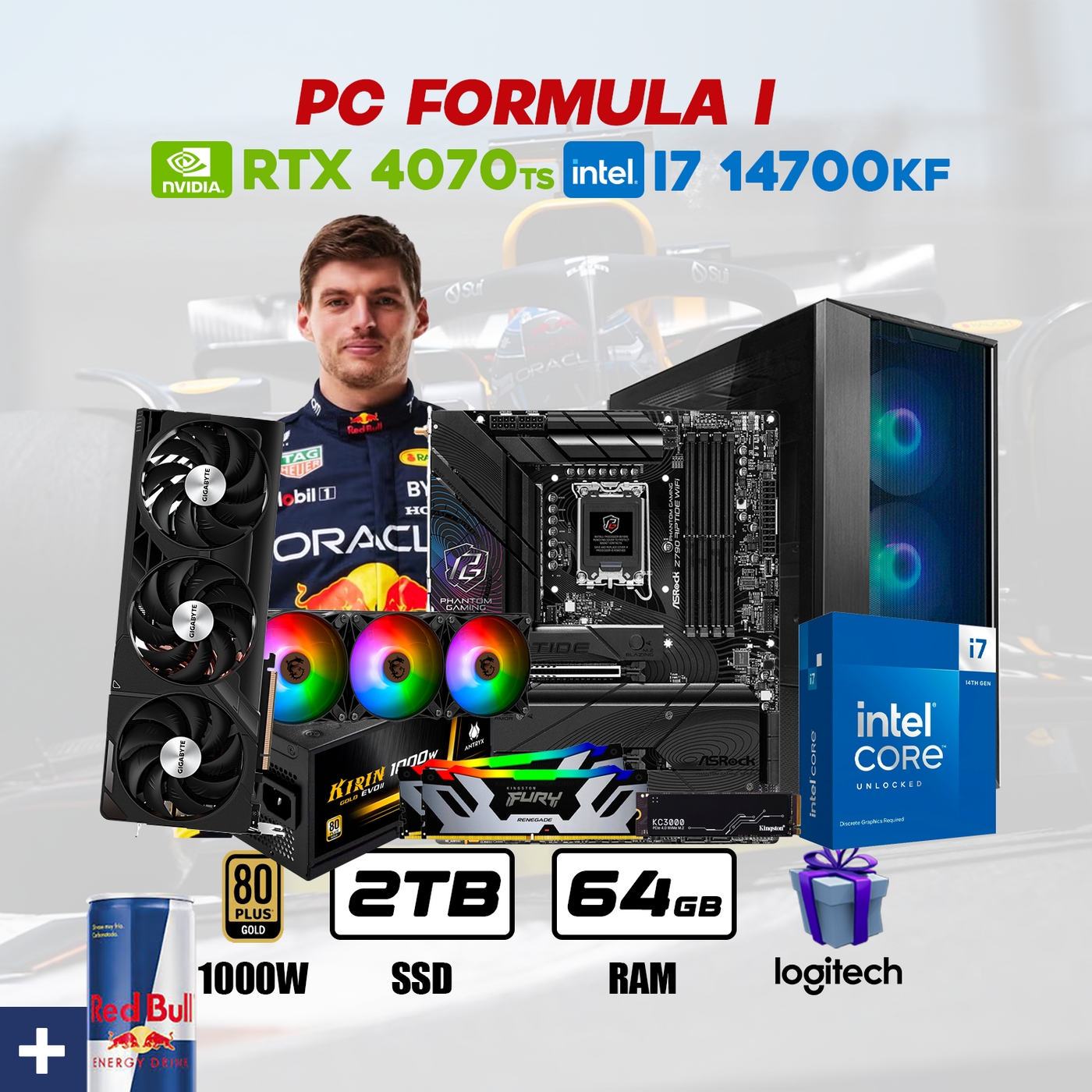 CPU Fórmula 1 INTEL CORE I7 14700KF | RTX 4070 TI Super 12GB | 2TB SSD | 64GB RAM | ENF. LIQ.#RB1933