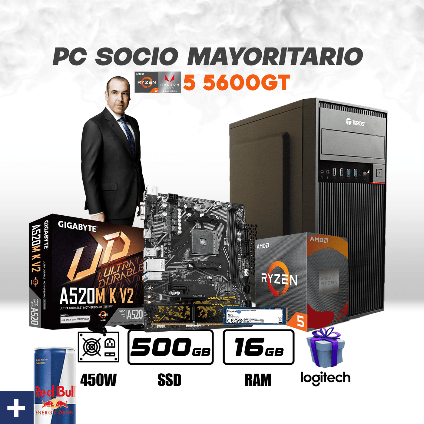 portada para pc, con el nombre de pc socio mayoritario, una pc de oficina un poco mas potente que la pc nuevo recluta, con una fuente de 450wats, 500gb de ssd m.2 y 16gb de ram y un procesador mas potente el ryzen 5 5600gt