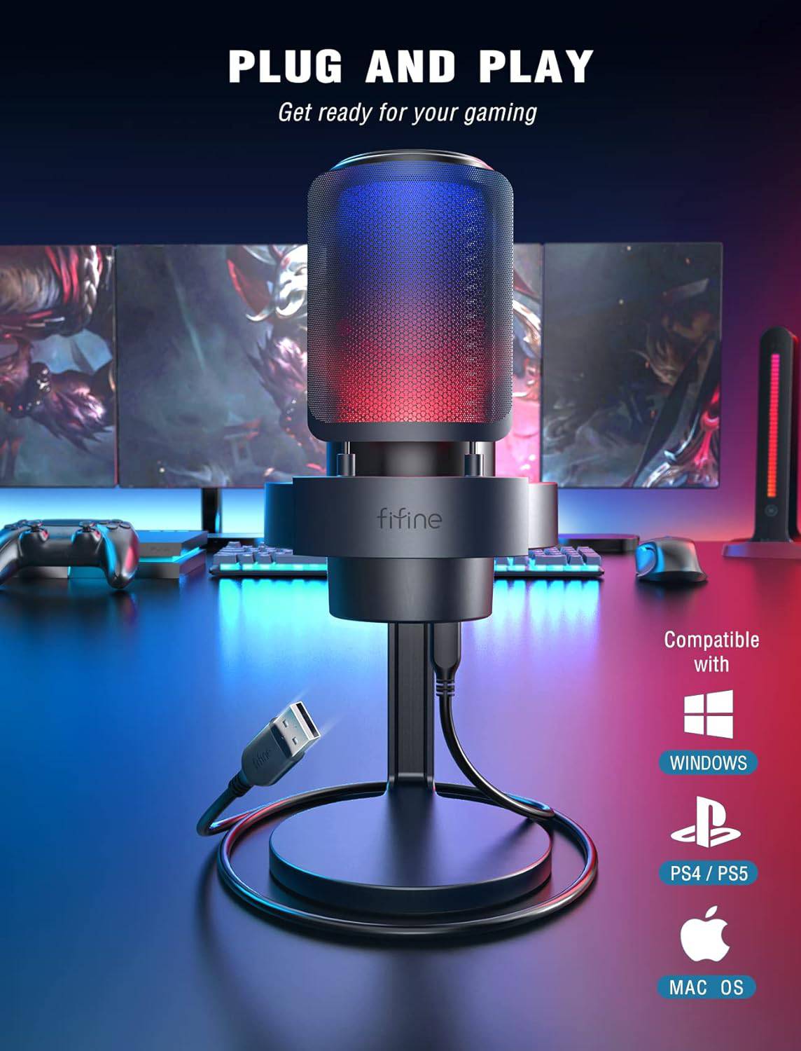 Microfono Fifine A8 Black Mac/PS4/PS5, con control RGB, silencio táctil