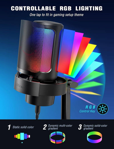 Microfono Fifine A8 Black Mac/PS4/PS5, con control RGB, silencio táctil