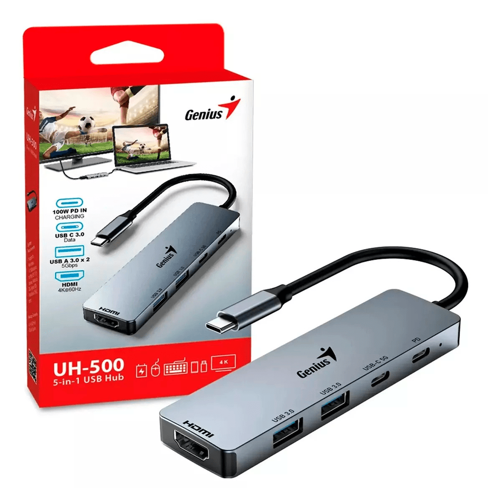 ADAPTADOR HUB USB-C GENIUS UH-500 2 USB-A 3.0 / 1 USB-C / 1 HDMI 4K POWER DELIVERY 100W SILVER