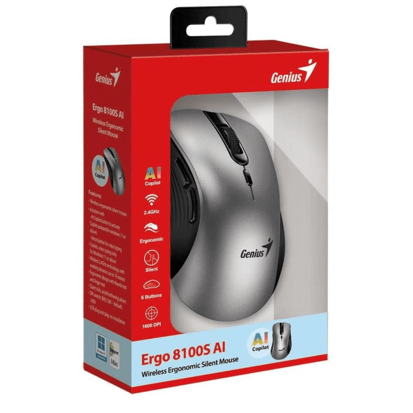 Mouse Genius Ergo 8100S AI Copilot Wireless 6 Botones ergonomico