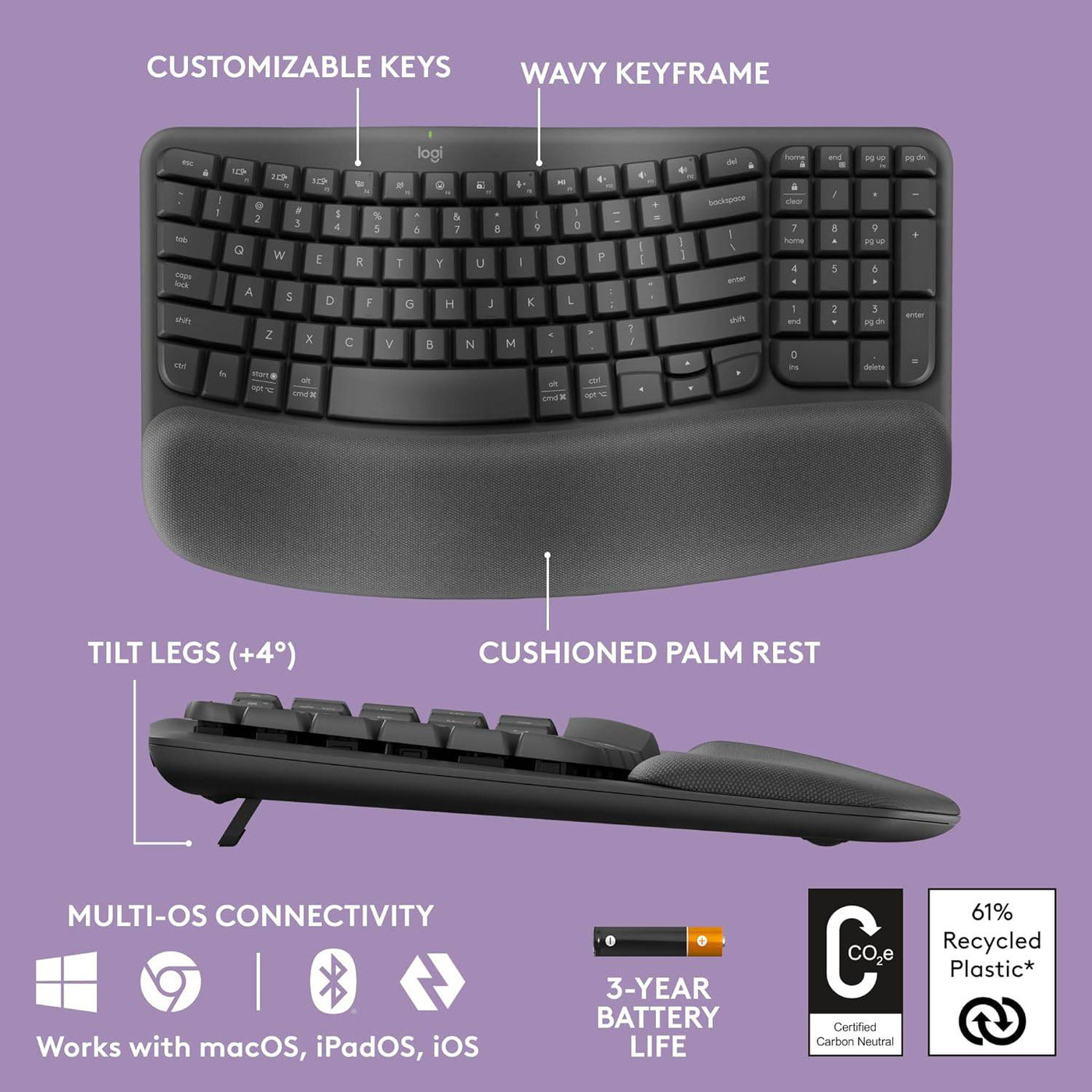 Teclado Sp Logitech Wave Keys wireless con reposamanos acolchado