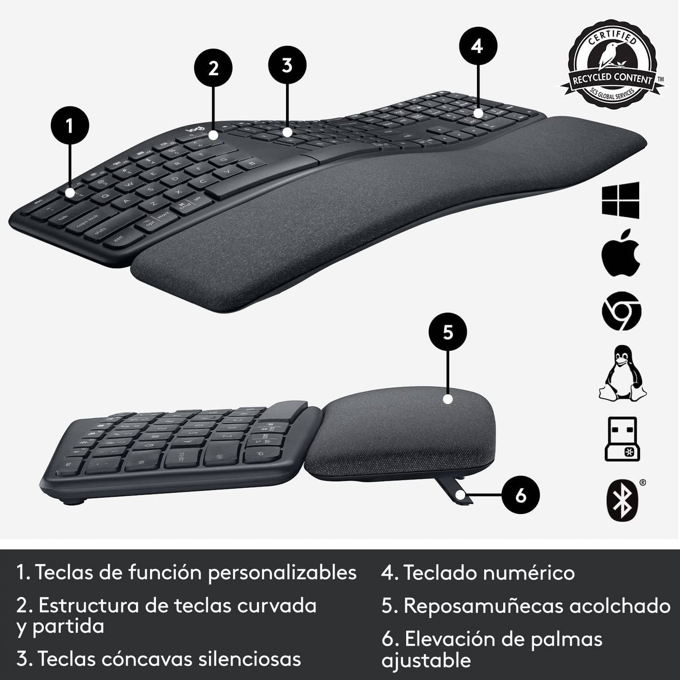 Teclado Logitech K860 ERGO Inalámbrico Ergonómico Bluetooth