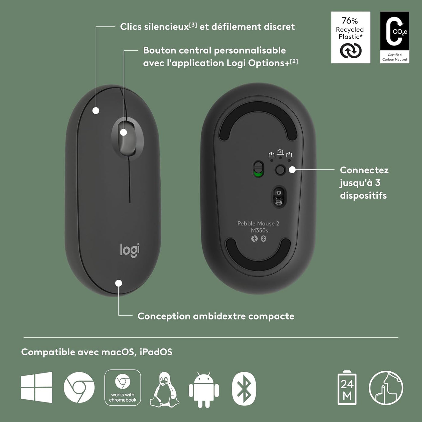 Pebble Mouse 2 M350S Bluetooth wireless ligero, personalizable, clics discretos, Easy-Switch, Windows, macOS, iPadOS, Android, ChromeOS