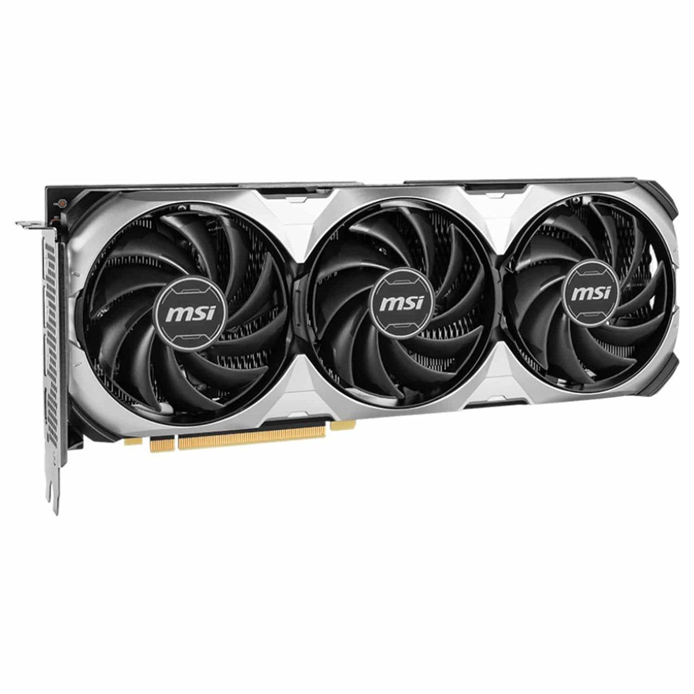 Vista vertical de la tarjeta gráfica MSI GeForce RTX 4070 SUPER, con 12GB de memoria GDDR6X y conexión PCI-E Gen 4.