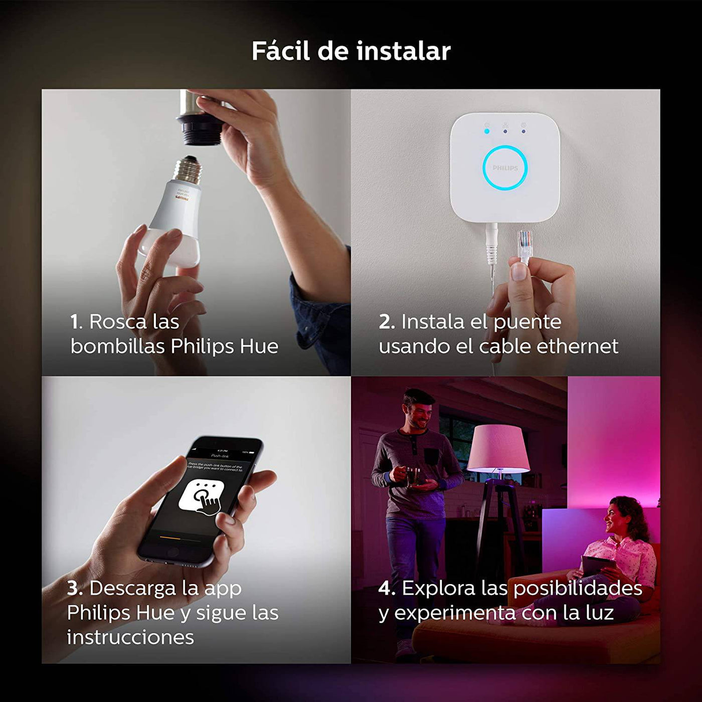 Focos Inteligentes Philips Hue Started Kit 3+ Bridge Color BT