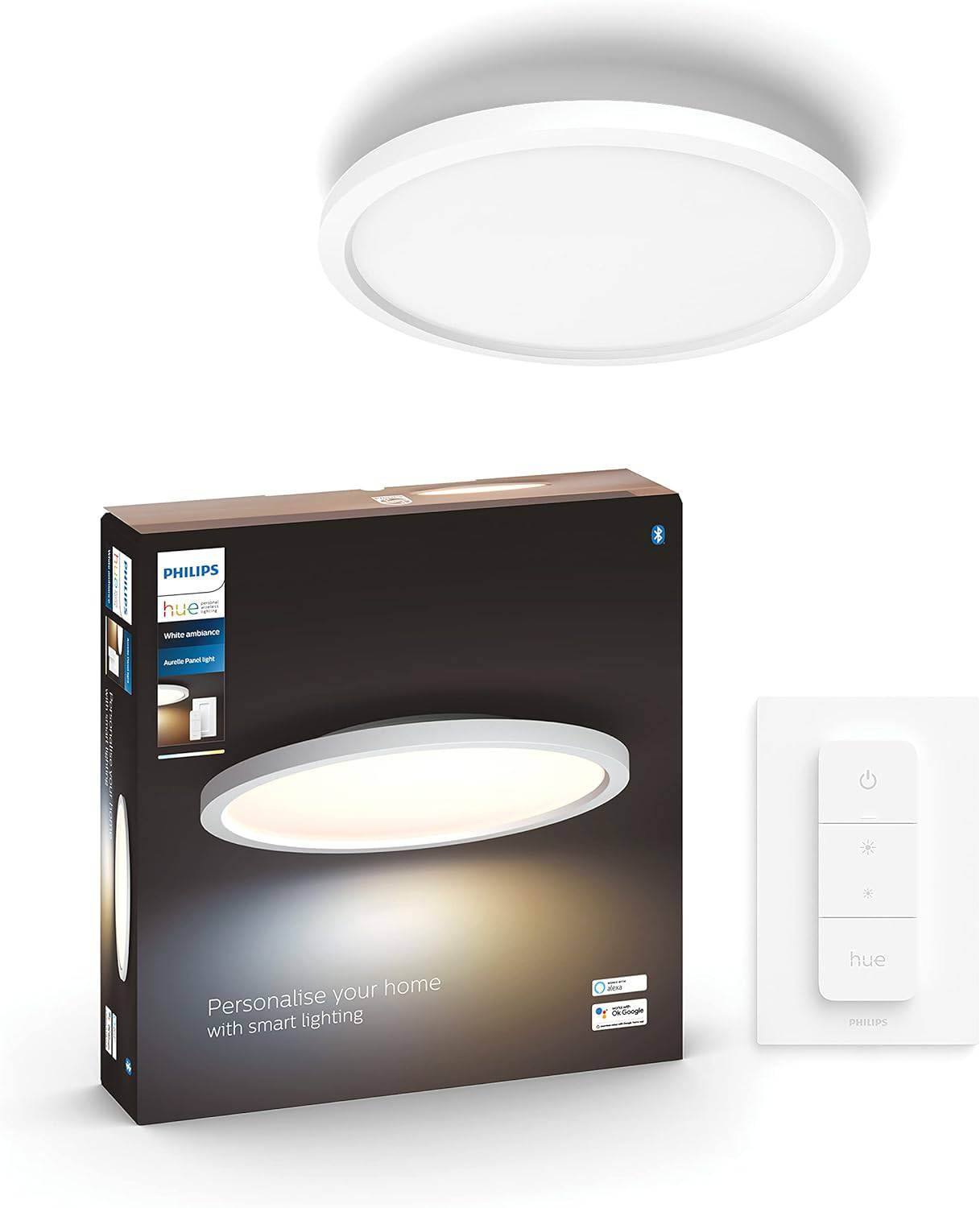 Philips Hue - Panel Led Inteligente Aurelle, 21W-2450 lúmens, Luz Blanca de Cálida a Fría, Compatible con Alexa y Google Home, 39cm diámetro, Blanco