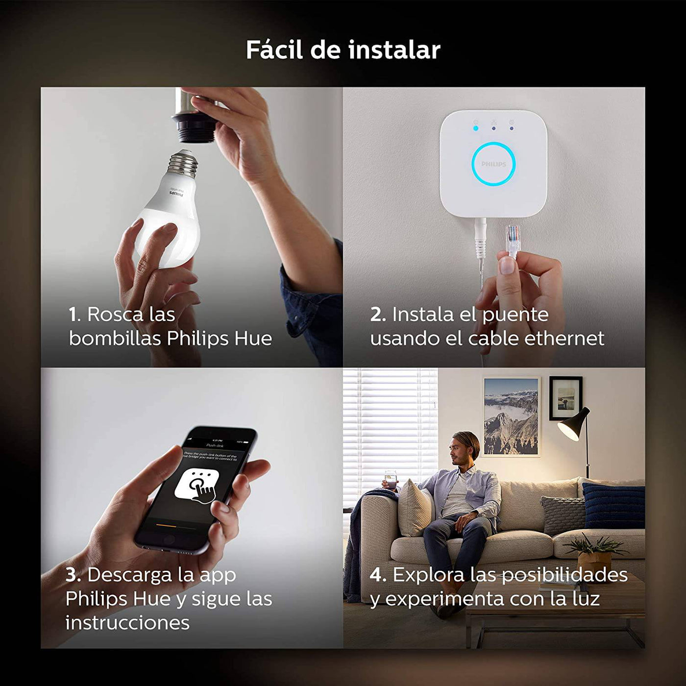 Starter Kit x2 Focos Inteligentes Cálido Philips Hue E27 9w + Bridge