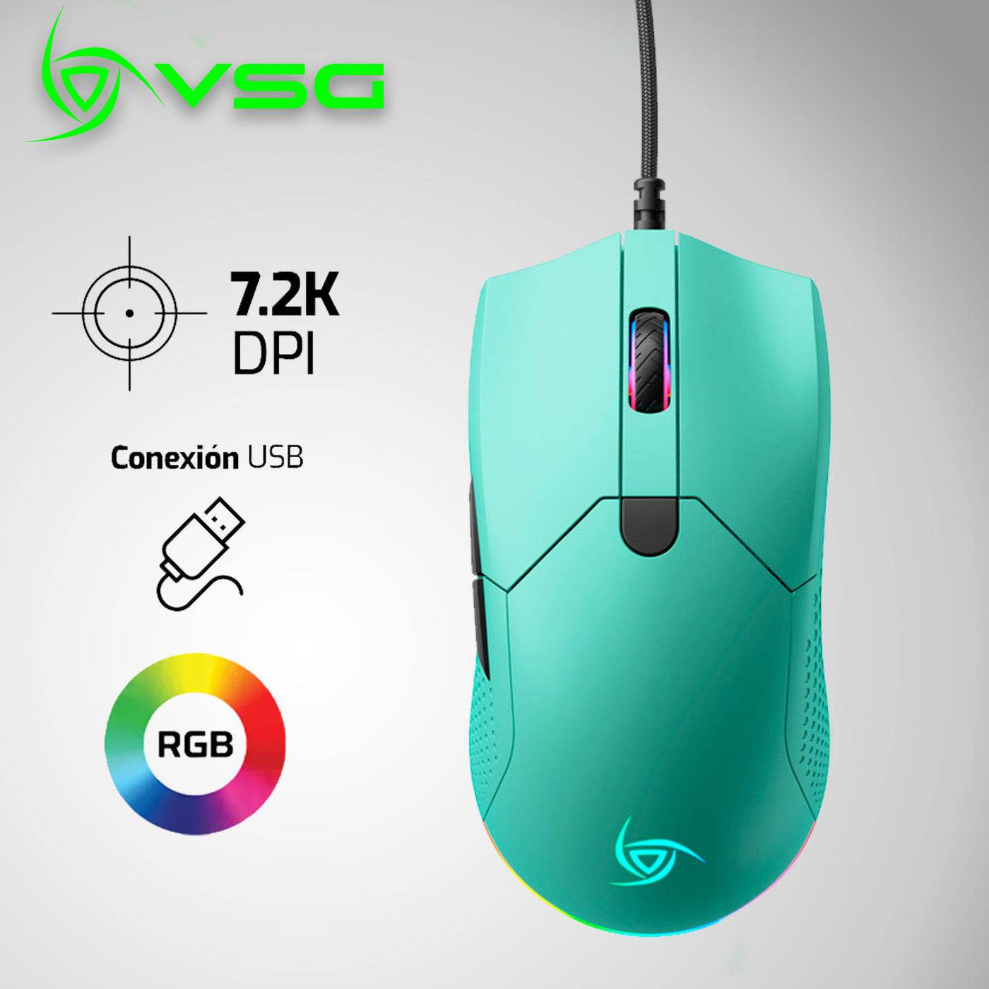 VSG Aurora Mouse Óptico Gamer Ambidiestro Ultraliviano, 6 Niveles de dpi, Gliders de Teflón, Botones Programables e Iluminación RGB, 72g