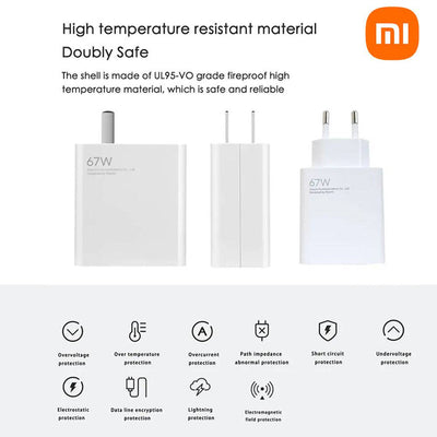 Cargador Xiaomi 67W GaN 2C1A Cargador de Pared para Smartphone USB-A 67W + Cable Tecnología de enfriamiento GaN (nitruro de galio)