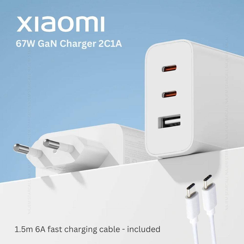 Cargador Xiaomi 67W GaN 2C1A Cargador de Pared para Smartphone USB-A 67W + Cable Tecnología de enfriamiento GaN (nitruro de galio)